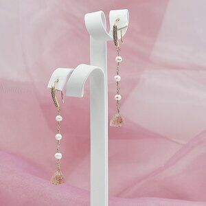 Pink Sunstone & Pearl Dangle Earrings, 14k Gold Filled
